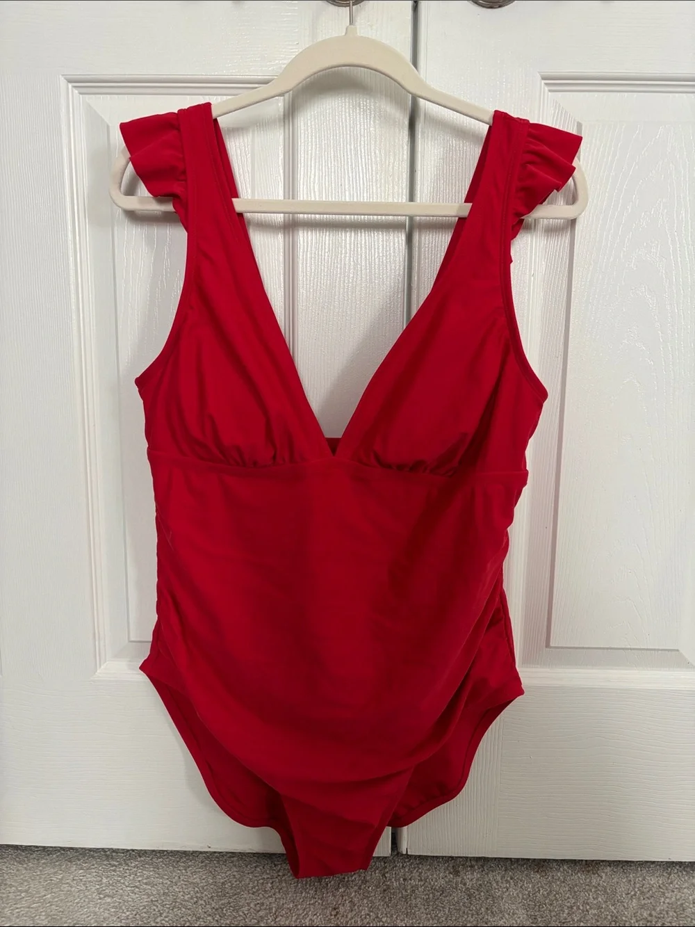 Deep V Red One-Piece Swimsuit with Ruffle Straps - Picture 1 of 5